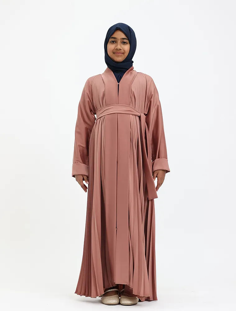 Girls Peach Pleated Silhouette Abaya